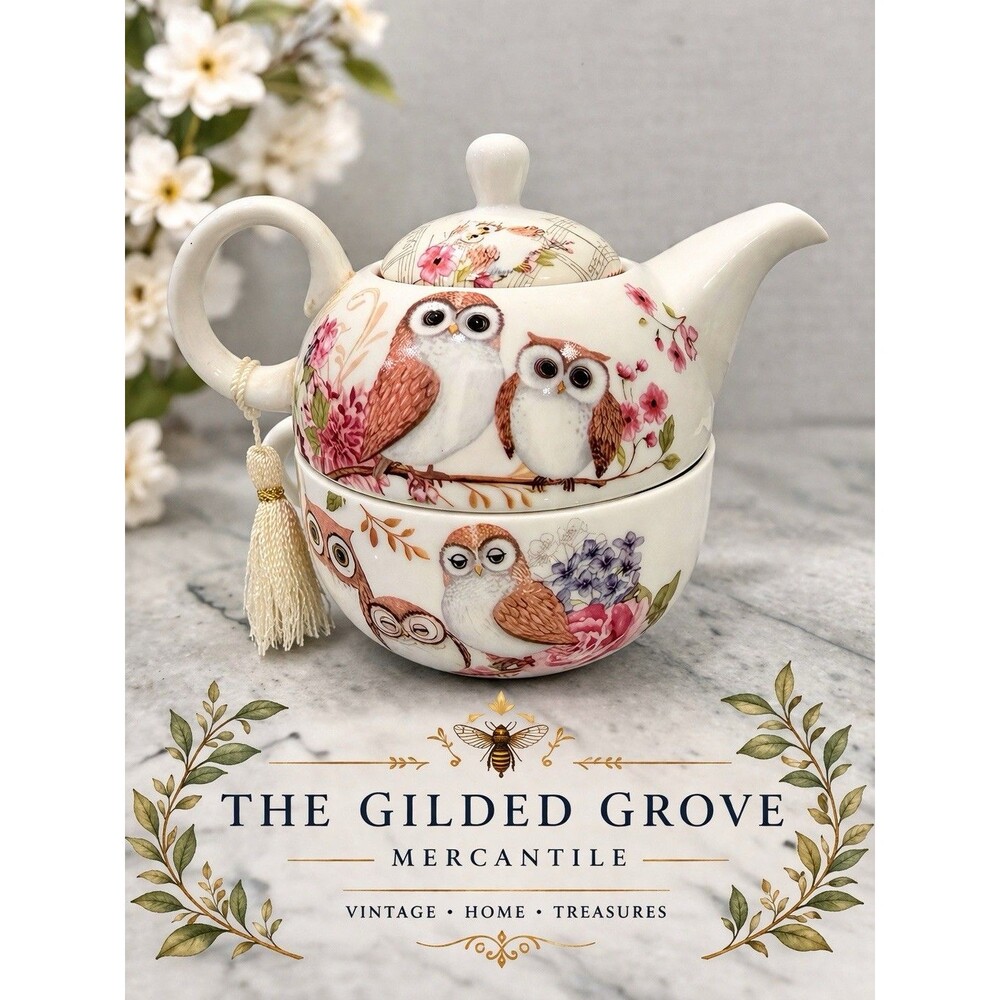 Summer River Owl Tea For One Teapot & Cup Set – Floral Design with Tassel